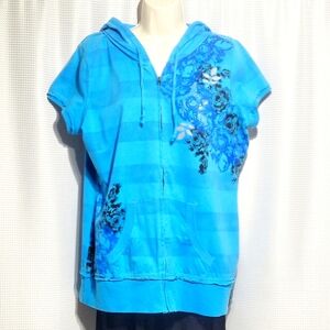 Dressbarn Blue Floral / Striped & Silver Embellished Sweatshirt (XL)